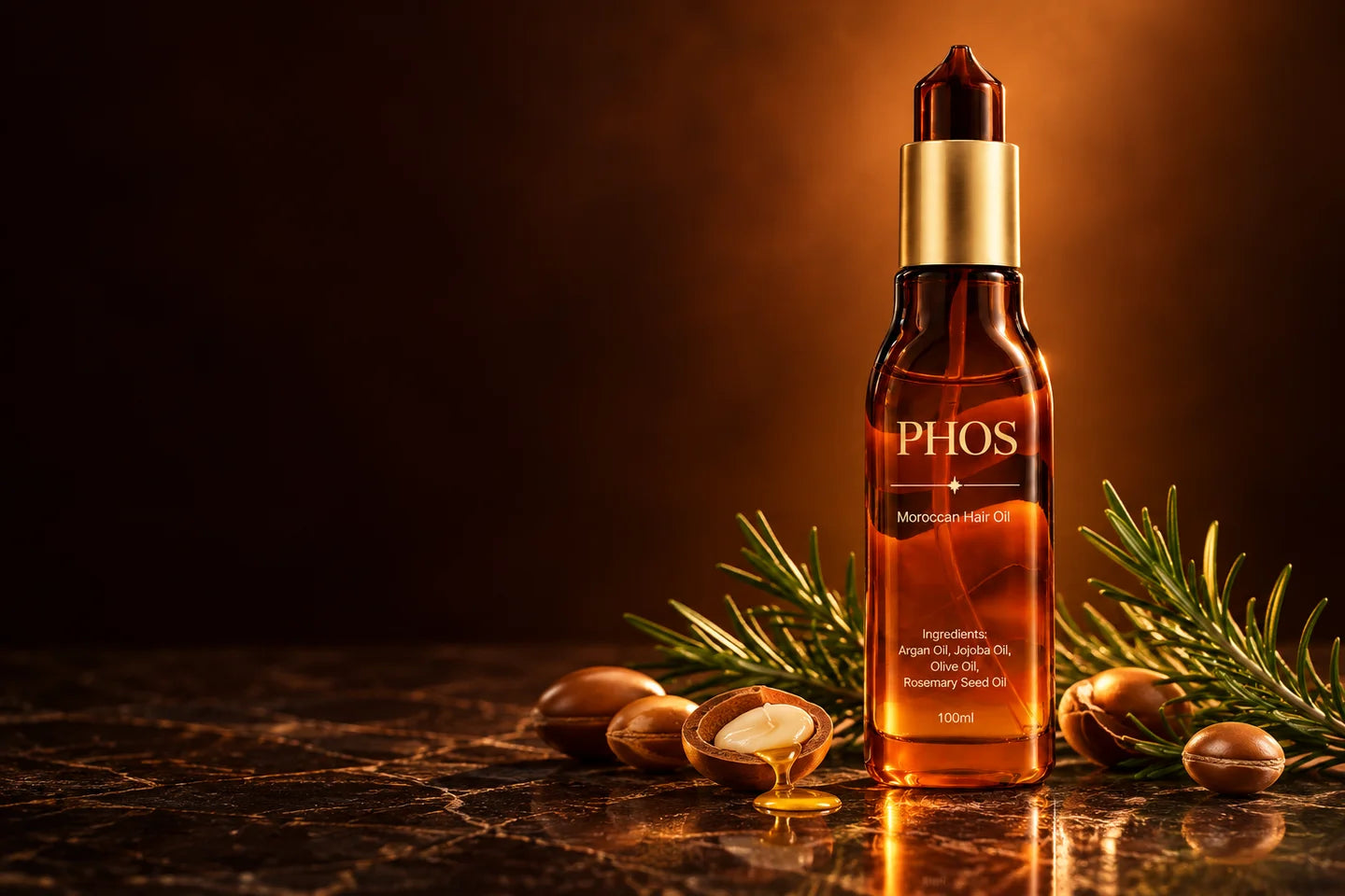 PHOS amber Moroccan Hair Oil bottle with argan nuts and rosemary in warm light