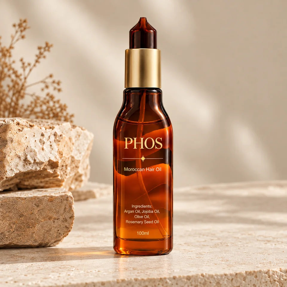 Warm amber PHOS bottle with a gold collar