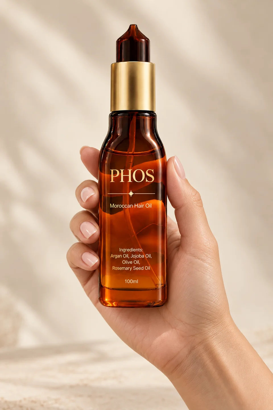 PHOS bottle held in a hand for scale