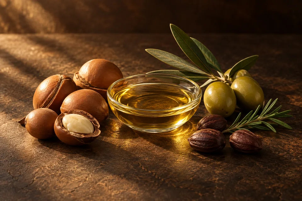 Golden oil with botanical seeds, olives and rosemary in warm light