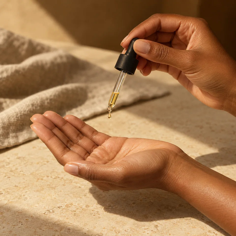 A dropper dispensing a small drop of golden oil into a palm