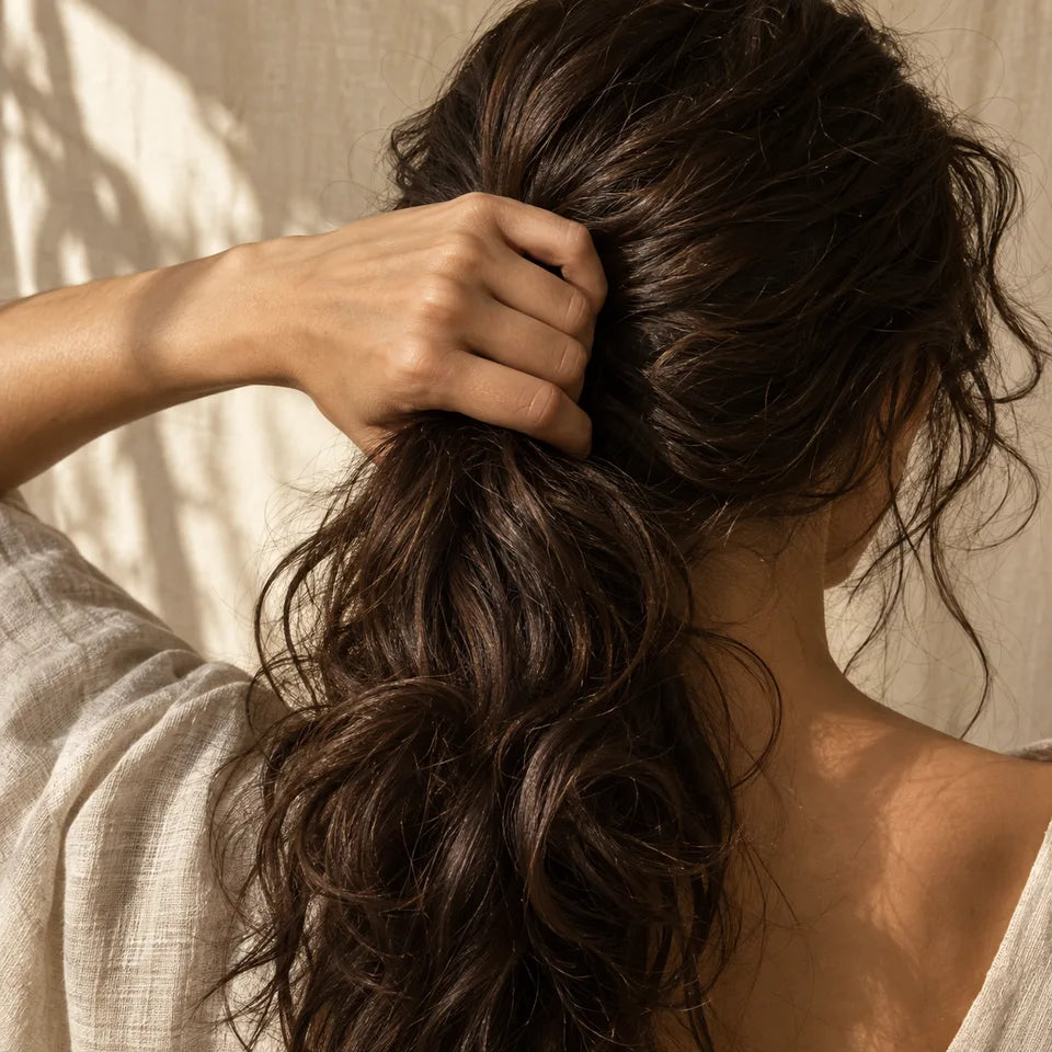 Natural dark hair gently gathered by hand