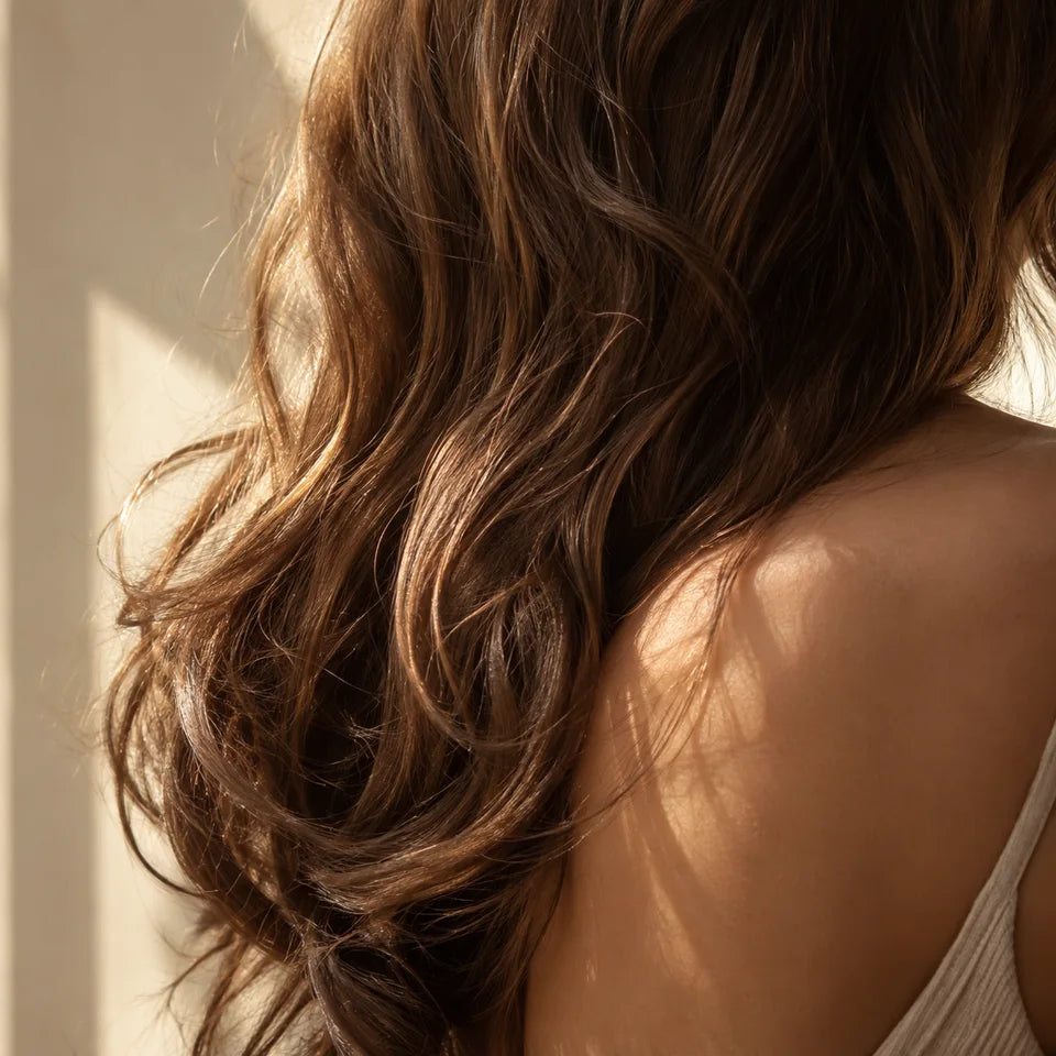 Chestnut hair catching warm light